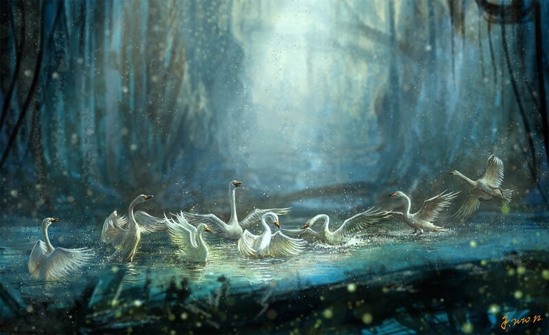 Swans in Water — Blue, Serene