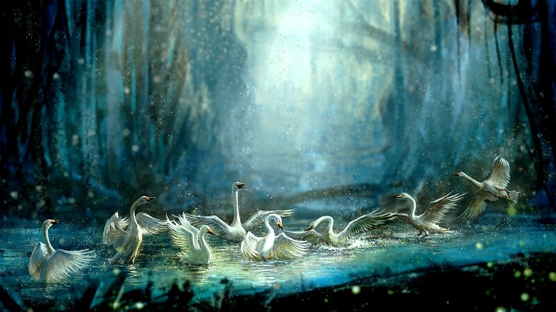 Swans in Water — Blue