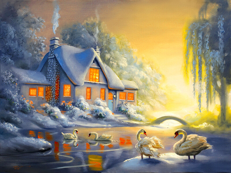 Swans in Winter Landscape — Blue