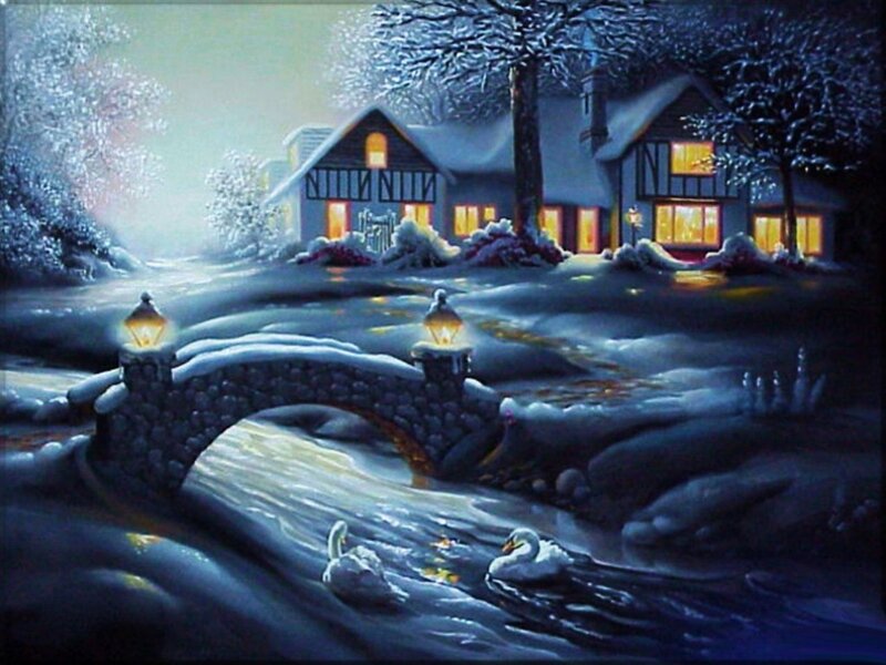 Swans in Winter Stream
