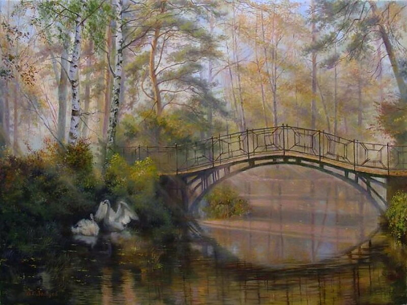 Swans Near a Bridge