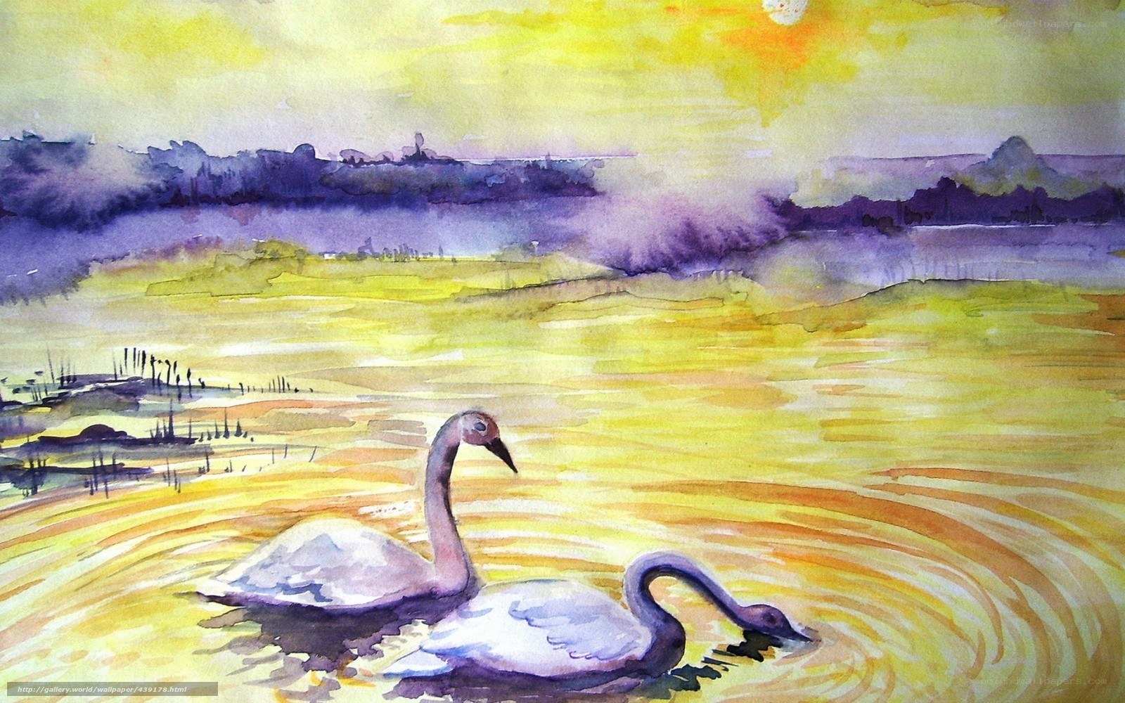 Swans on a golden lake