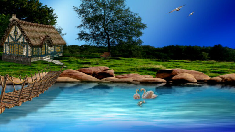 Swans on a Lake — Blue, Serene, Afternoon, Digital Art, House