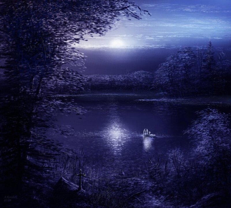 Swans on a Lake — Blue, Serene, Night, Digital Art, Trees