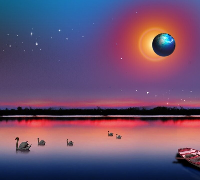Swans on a Lake — Blue, Serene, Sunset