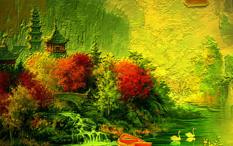 Swans on a Lake — Green, Serene, Autumn