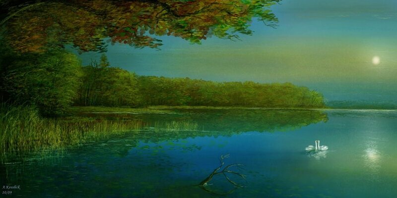 Swans on a Lake — Green, Serene, Night
