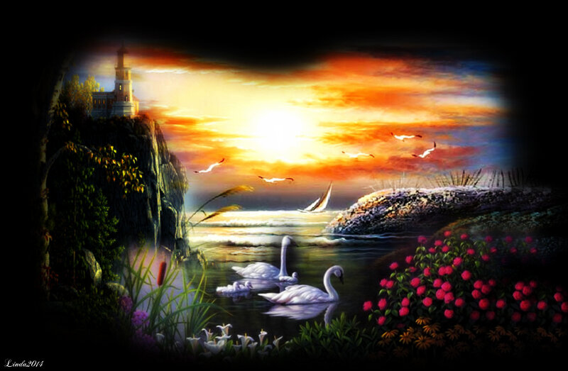 Swans on a Lake — Orange, Serene, Sunset, Painting
