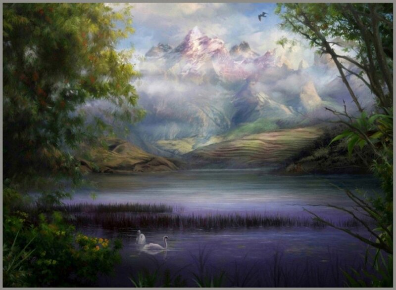 Swans on a Lake — Purple, Serene, Morning
