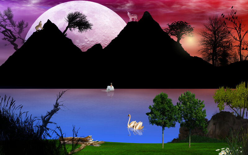 Swans on a Lake — Purple, Serene, Night, Digital Art, Mountains