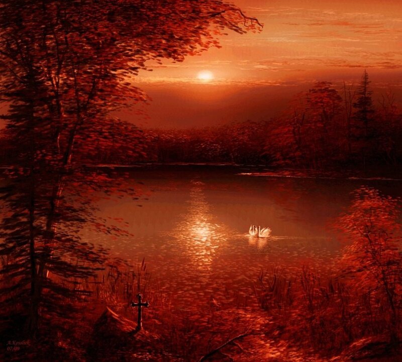 Swans on a Lake — Red, Serene