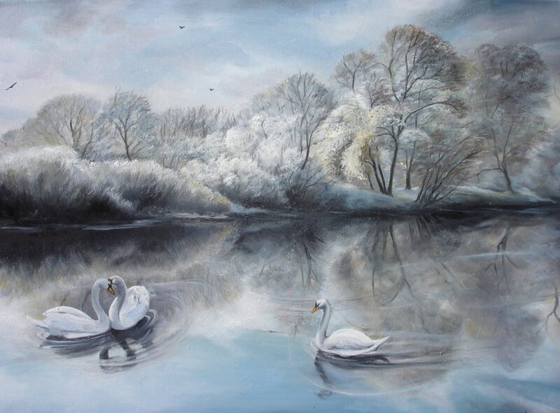 Swans on a Lake — White, Serene, Winter, Painting