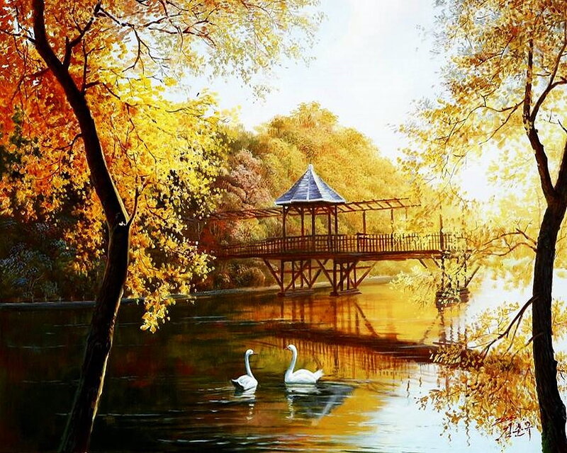 Swans on a Lake — Yellow, Serene, Autumn, Painting
