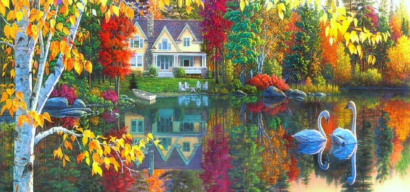 Swans on a Lake — Yellow, Serene, Autumn