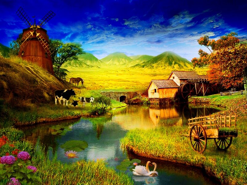 Swans on a Pond — Blue, Serene