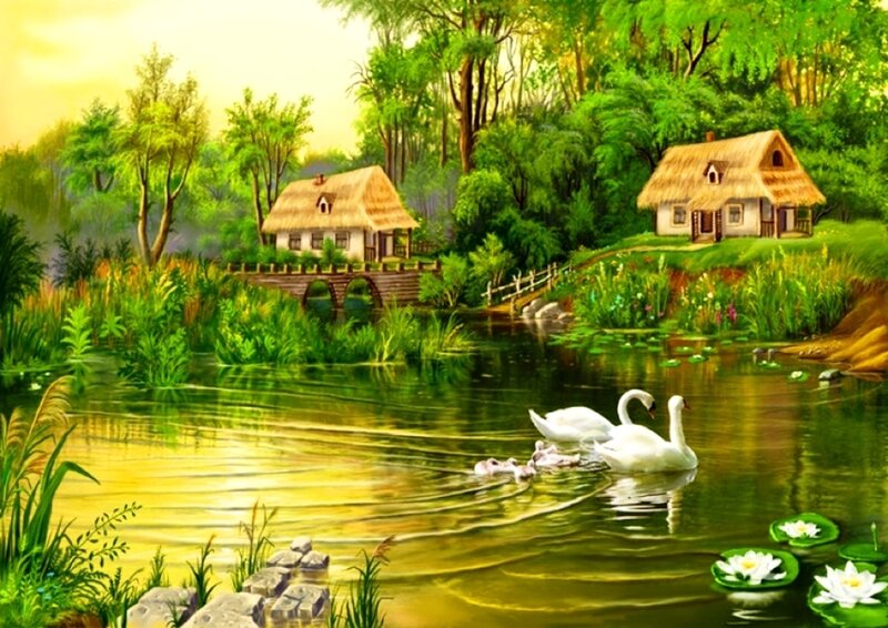 Swans on a Pond — Green, Serene, Afternoon, Painting, Cottages