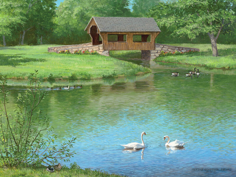 Swans on a Pond — Green, Serene, Afternoon, Painting, Covered Bridge