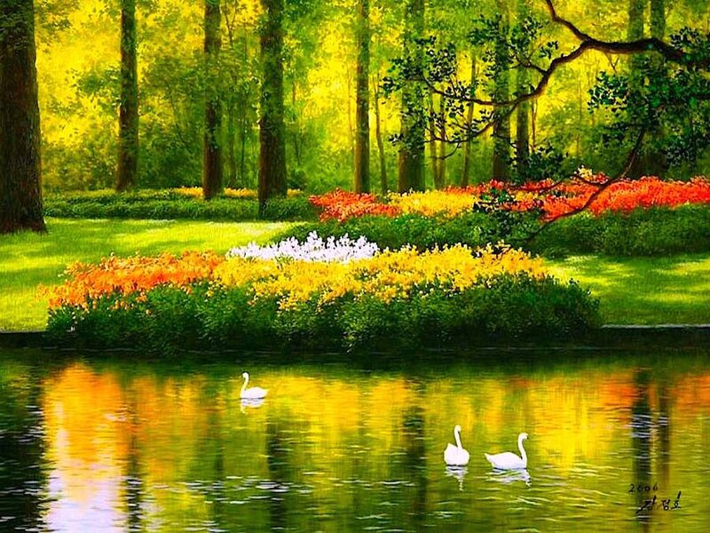 Swans on a Pond — Green, Serene, Afternoon, Painting, Flowers