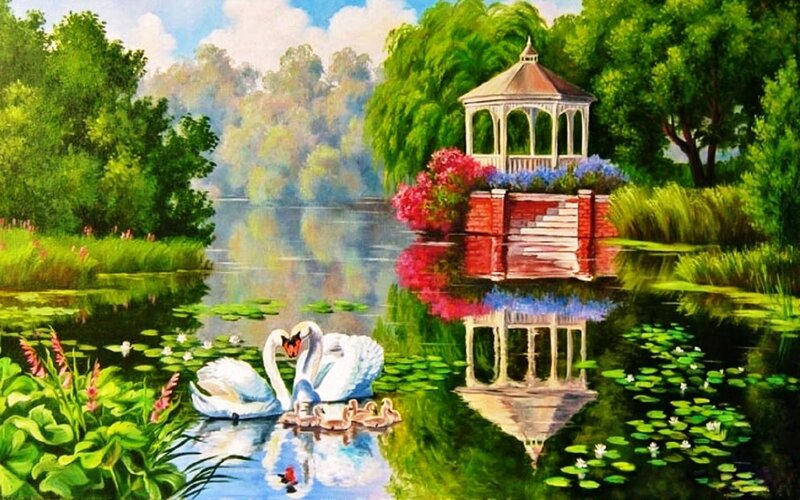 Swans on a Pond — Green, Serene, Afternoon, Painting, Gazebo