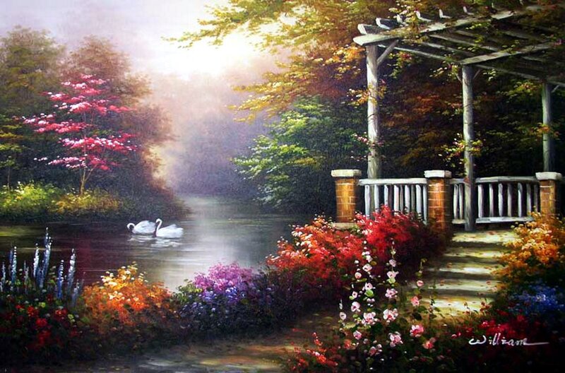 Swans on a Pond — Green, Serene, Morning, Painting