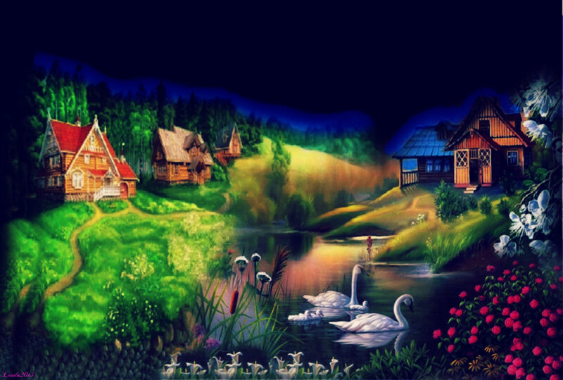 Swans on a Pond — Green, Serene, Night