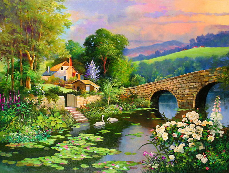 Swans on a Pond — Green, Serene, Sunset, Painting
