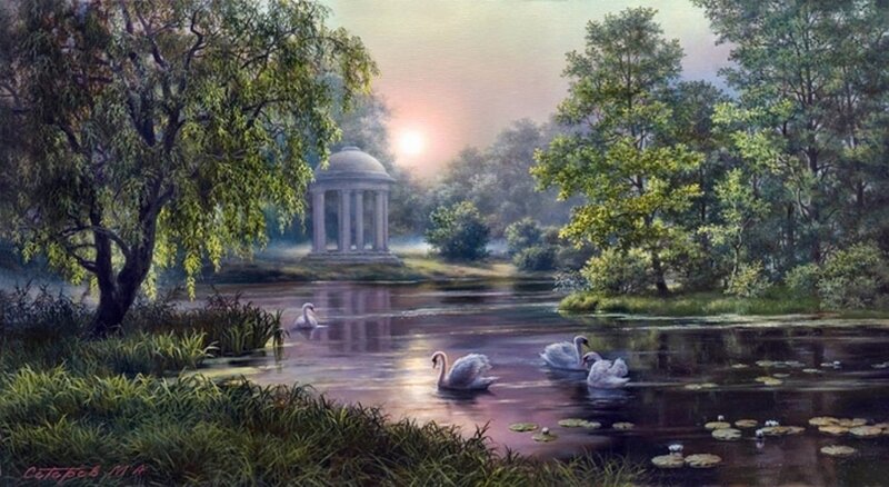 Swans on a Pond — Green, Serene