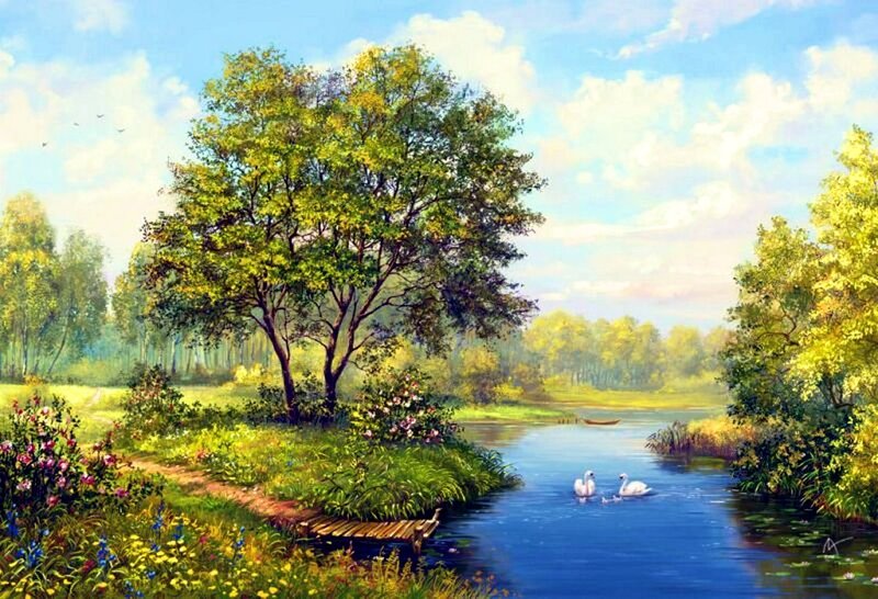Swans on a River — Blue, Serene, Afternoon, Painting