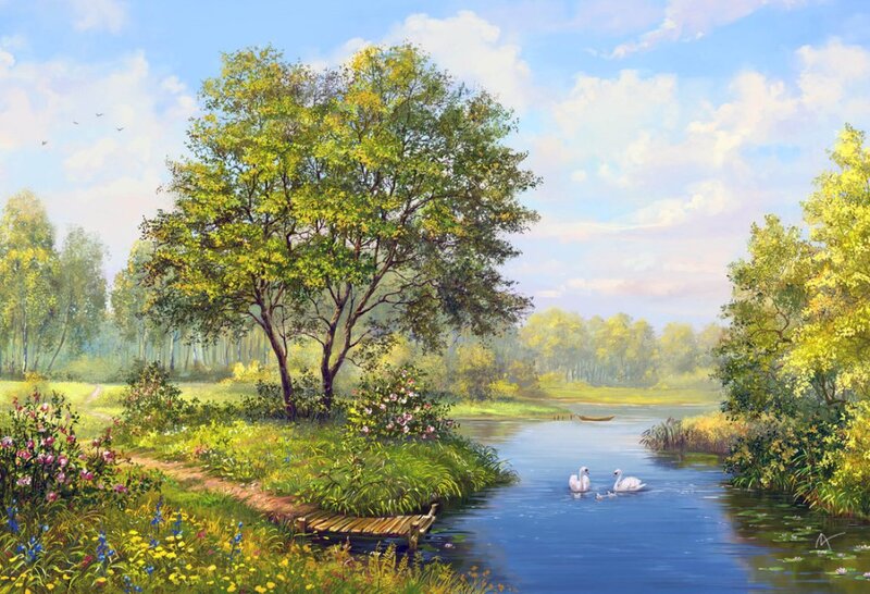 Swans on a River — Blue, Serene, Afternoon