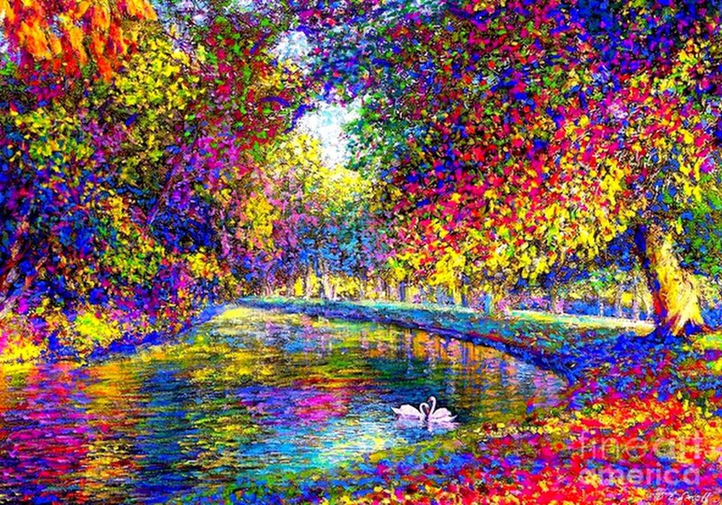 Swans on a River — Blue, Vibrant