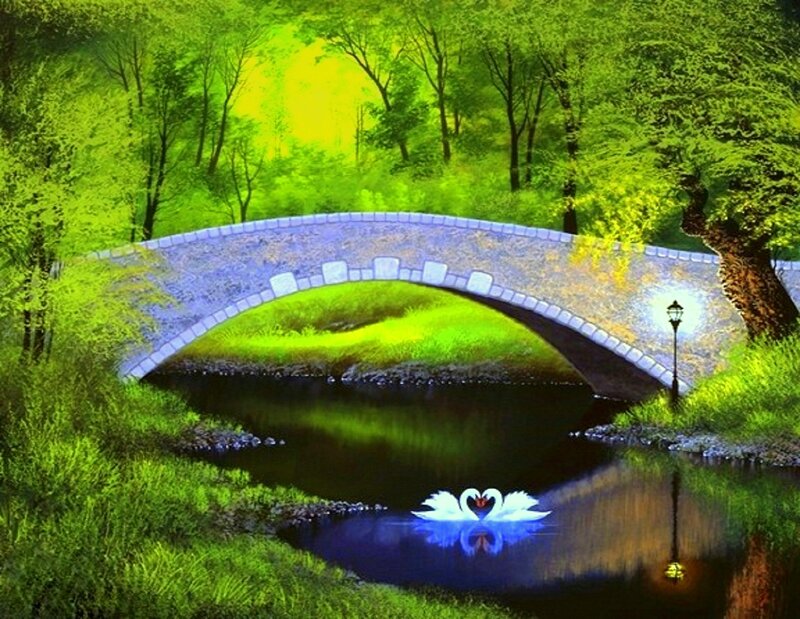 Swans on a River — Green, Serene, Night