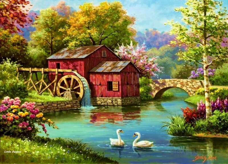 Swans on a River — Green, Serene, Spring