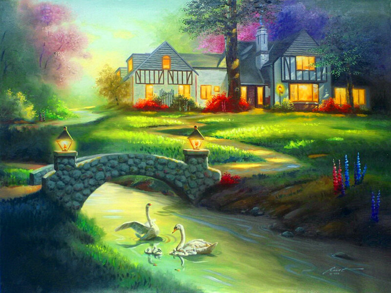 Swans on a River — Green, Serene, Sunset