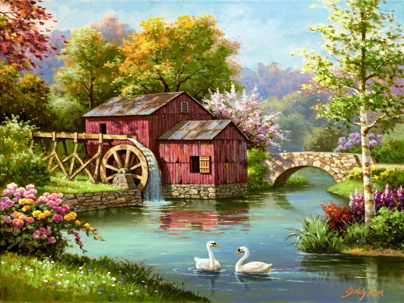 Swans on a River — Green