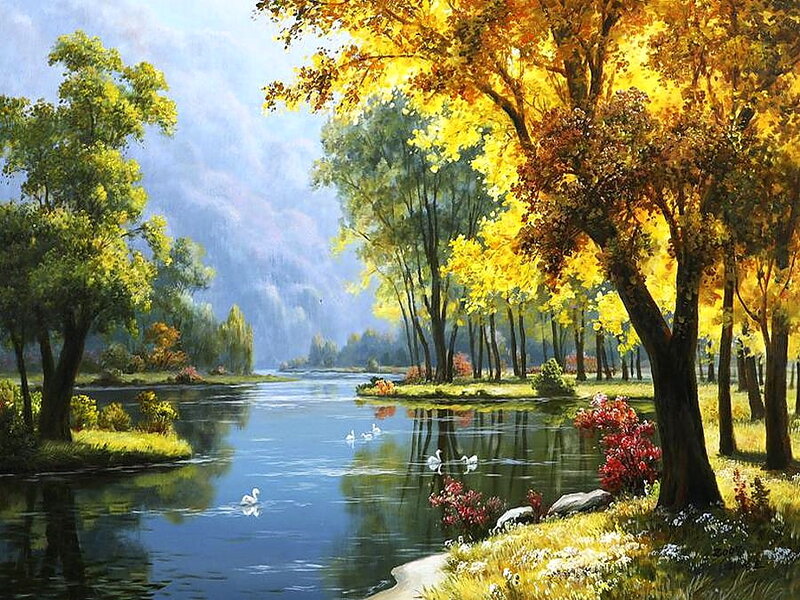Swans on a River — Yellow