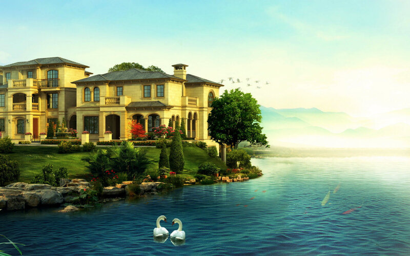 Swans on Lake — Blue