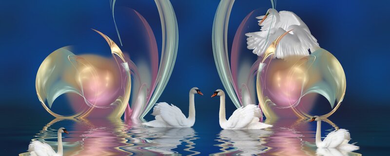 Swans on Water — Blue, Serene, Digital Art