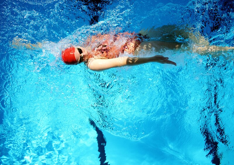 Swimmer in Pool — Blue, Active, Photograph, Swim Cap