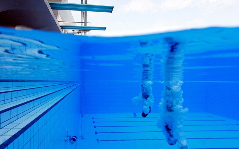 Swimmers in Pool — Blue, Calm, Afternoon