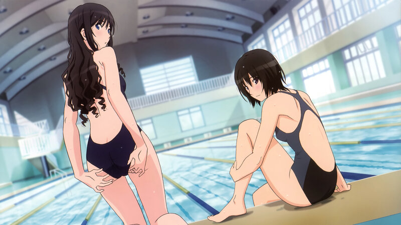 Swimming pool scene with two girls