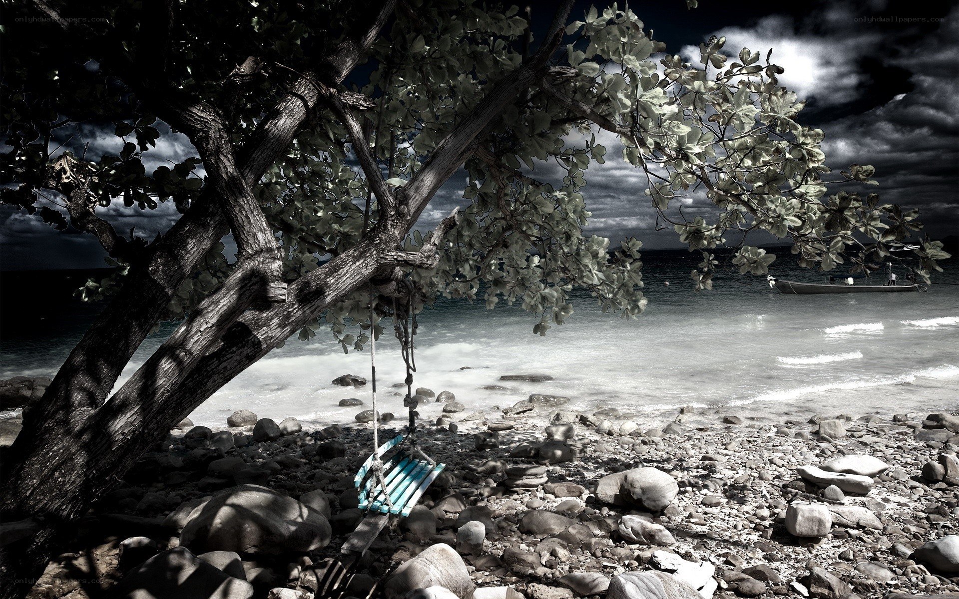 Swing on a rocky beach