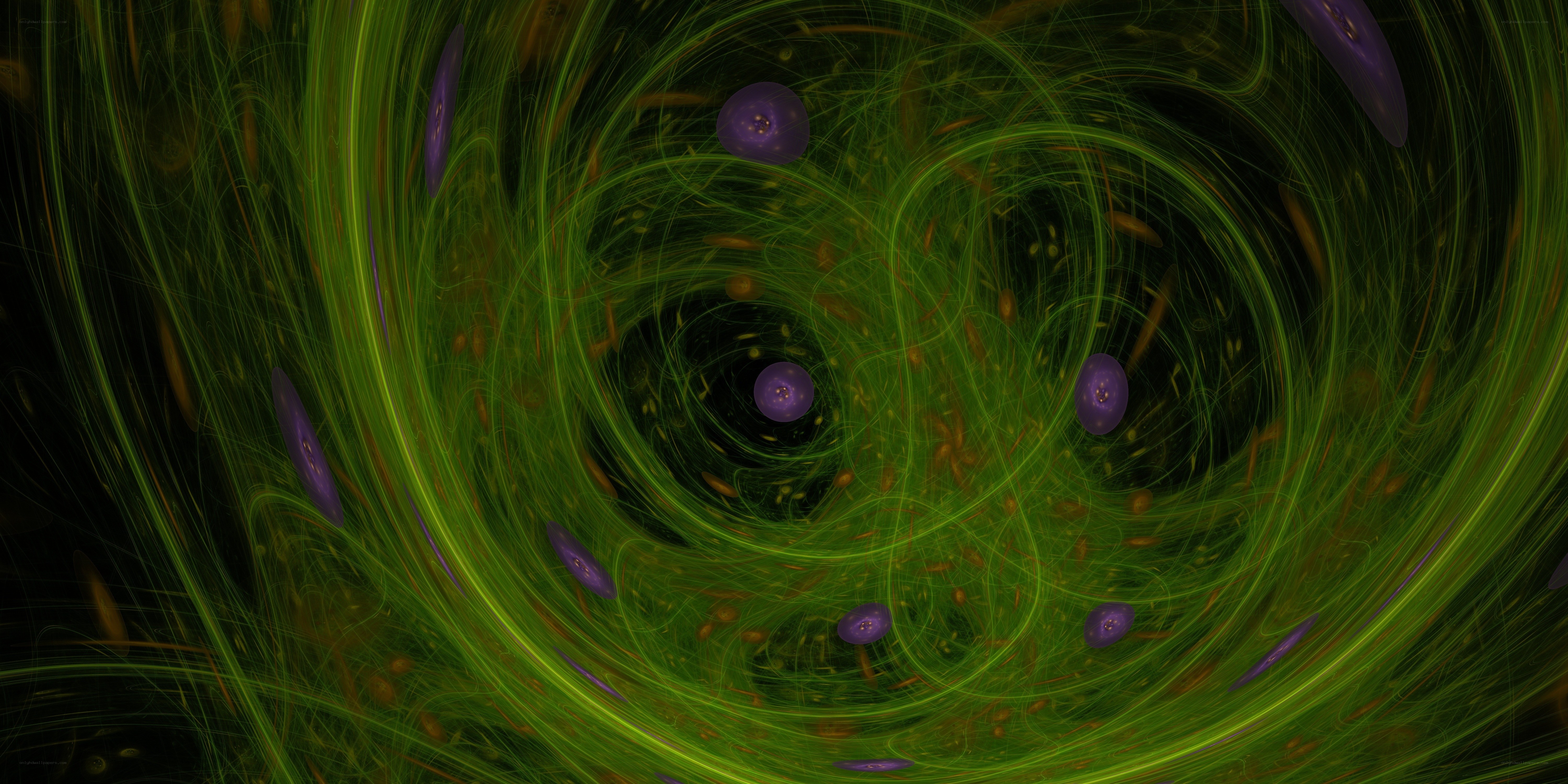 swirling green vortex with purple orbs