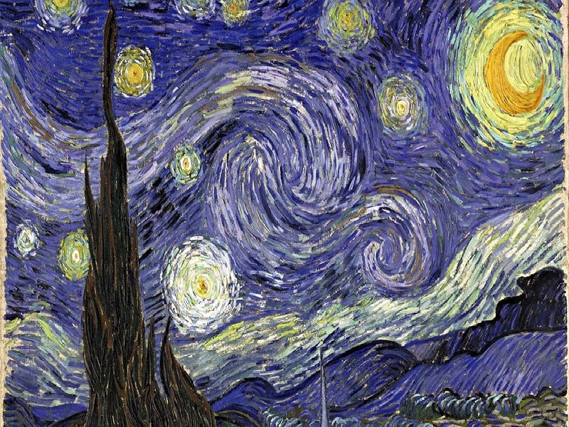 Swirling Night Sky — Blue, Dramatic, Painting, Stars, Moon, Cypress Tree