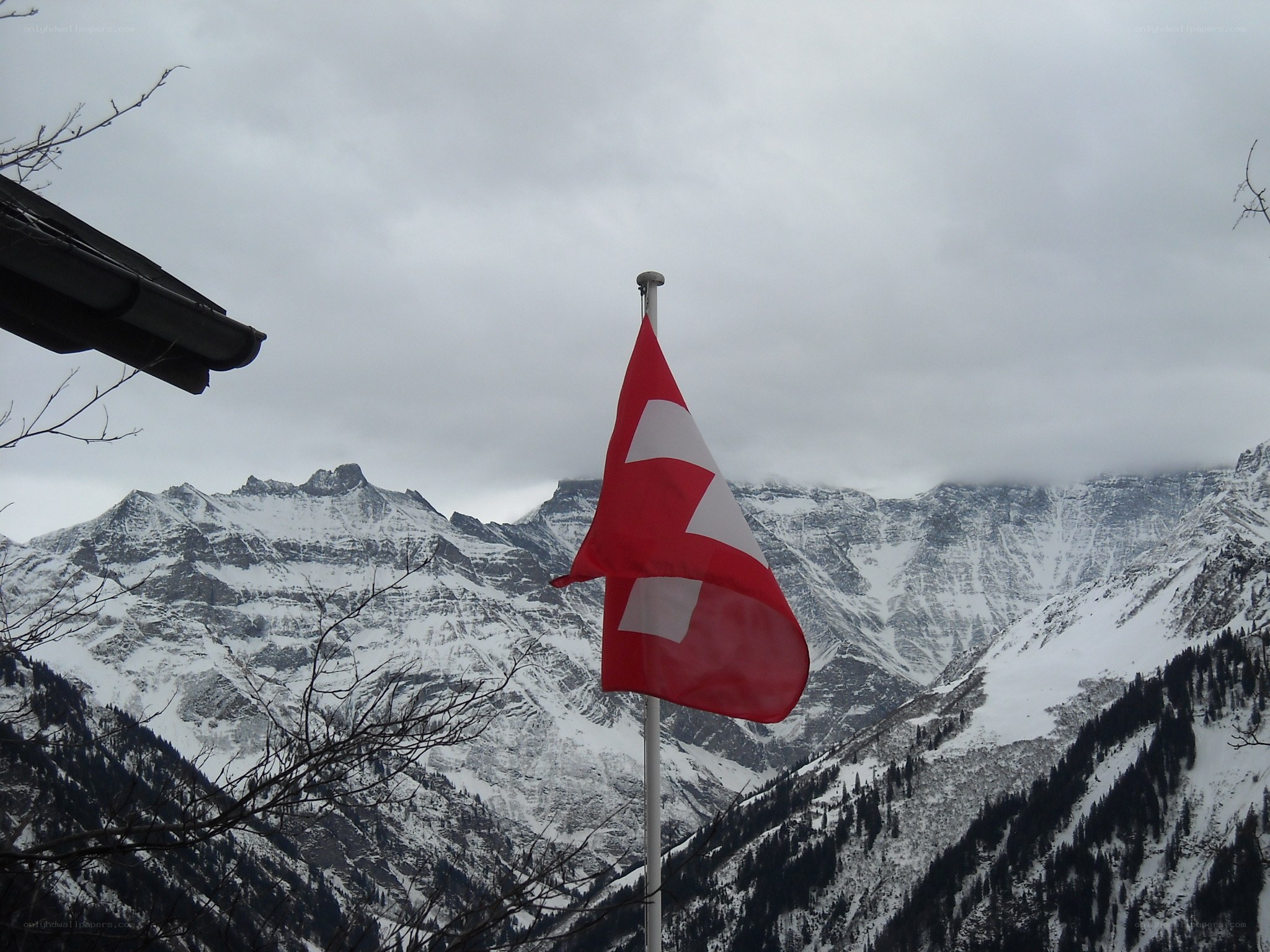 Swiss flag in snowy mountains
