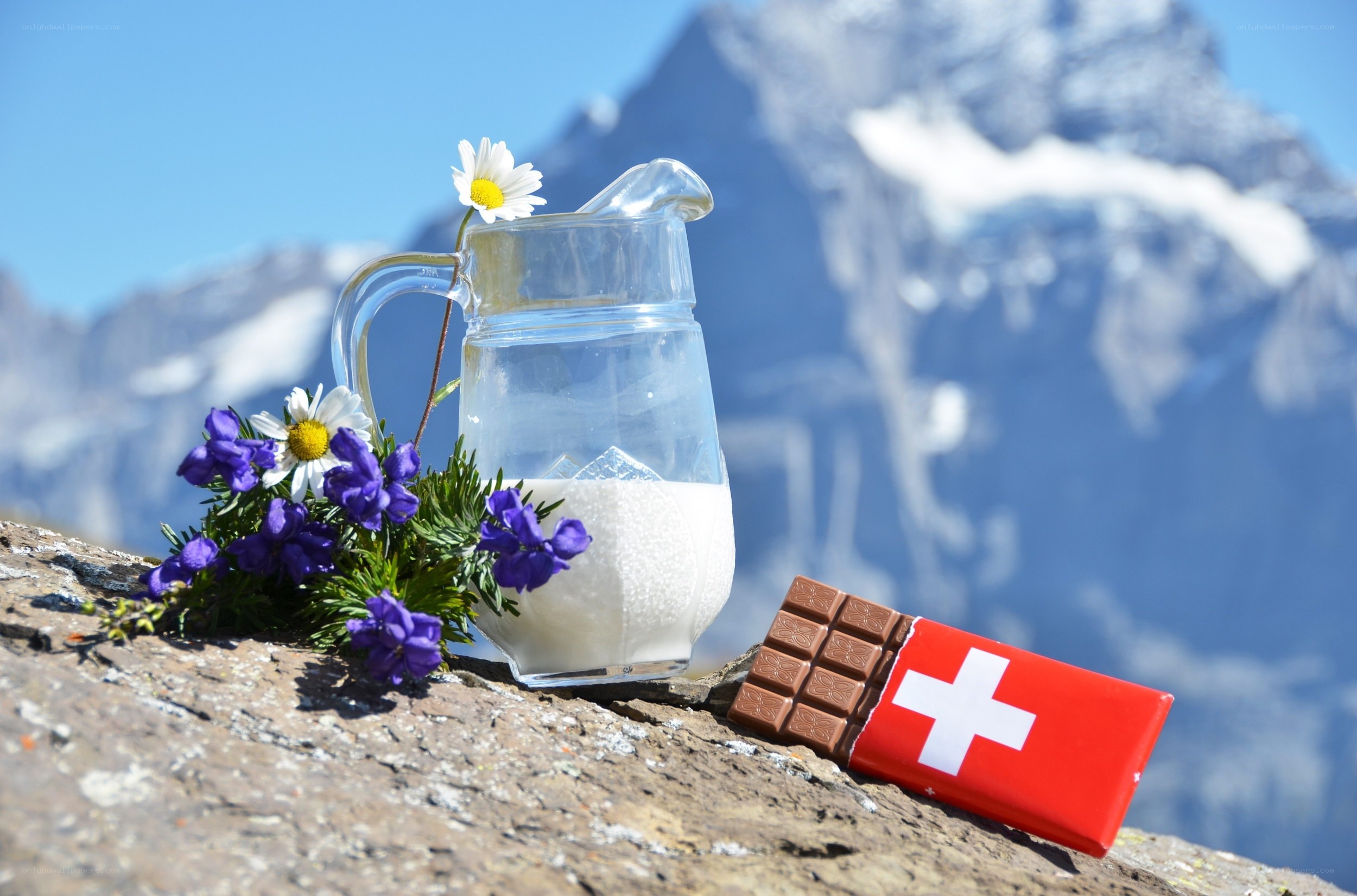 Swiss milk and chocolate in mountains
