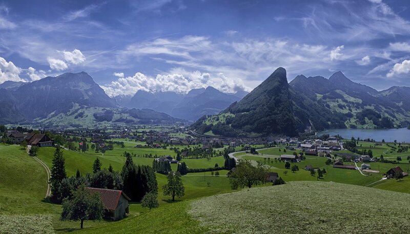Swiss valley with mountains and lake
