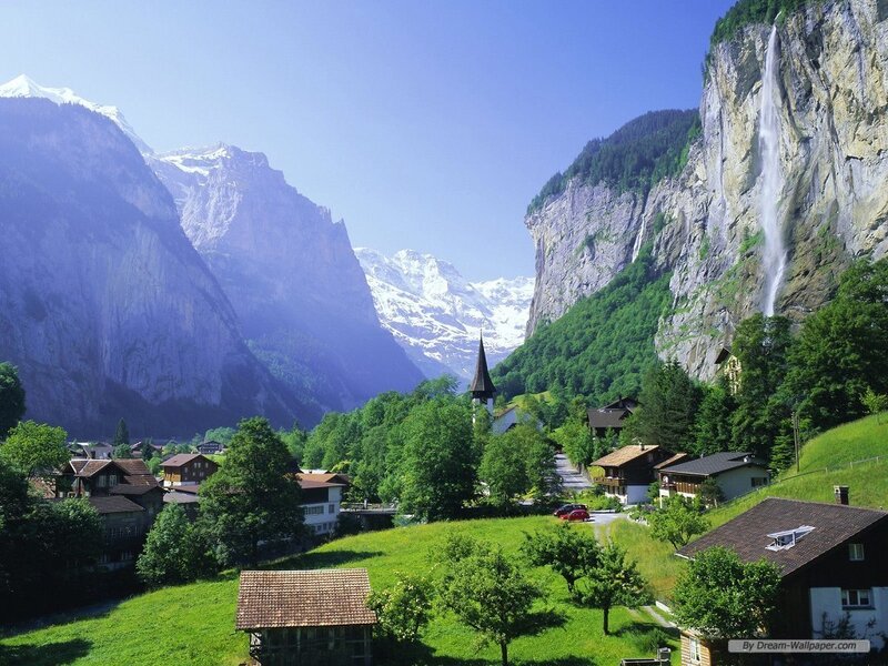 Swiss village with waterfall