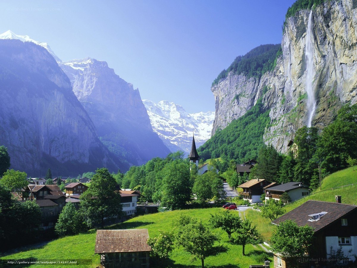 Swiss village with waterfall