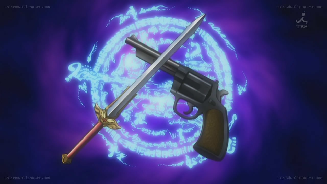 sword and revolver with magic circle