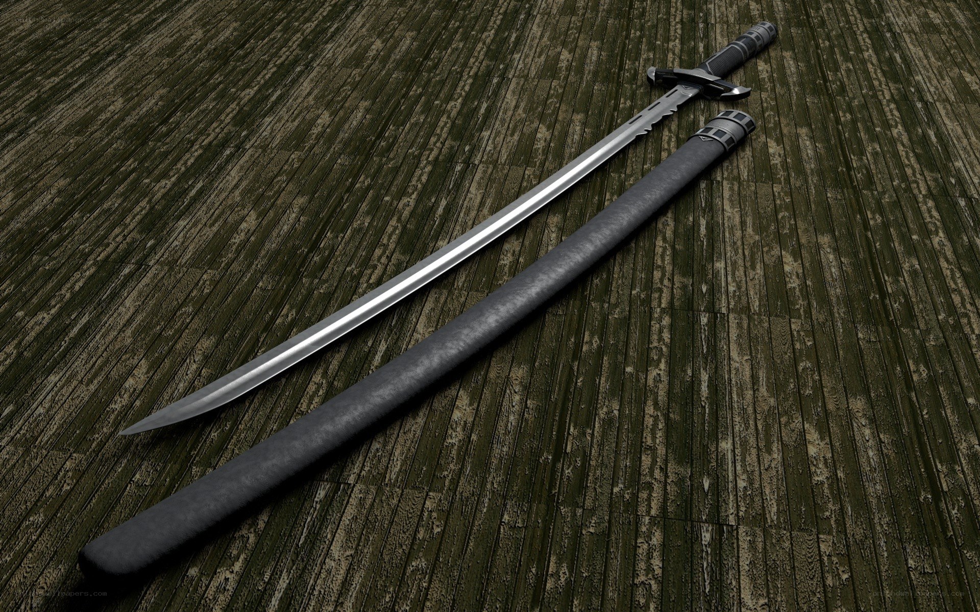 sword and scabbard on wood